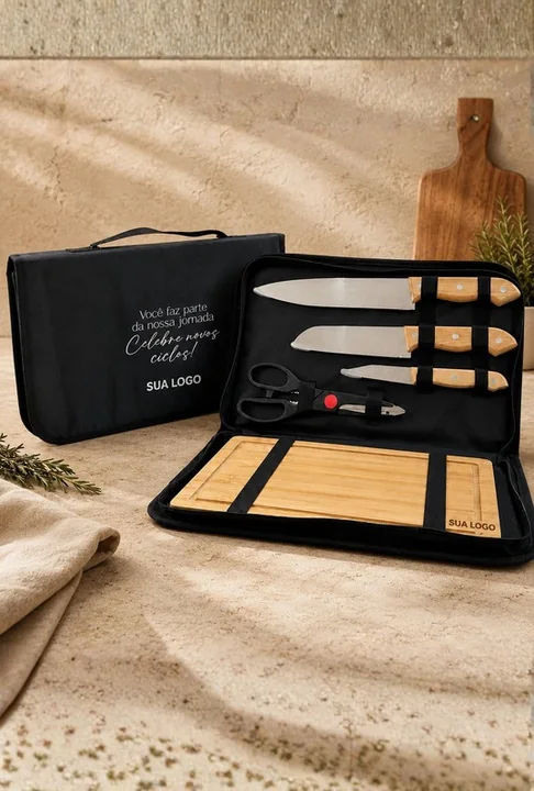 Kit Brasa & Prosa — Caixa personalizada, tábua de bambu, faca de 7 polegadas e garfo trinchante em inox