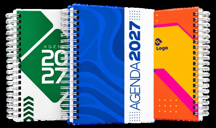 Agenda 2027 — Agenda de 17 × 21,5 cm, capa dura, acabamento fosco ou brilhante e encadernação wire-o.