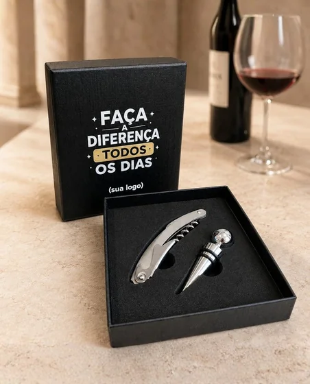 Kit Primeiro Brinde — Caixa presenteável, saca-rolhas articulado e tampa de bico