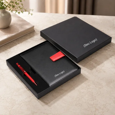 Kit Assinatura Executiva — Caixa cartonada 21 × 23 cm, moleskine e caneta metal