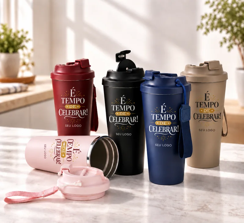 Copo Celebrar — Copo em inox de 480 ml, PP externo, tampa, protetor de bocal e alça.