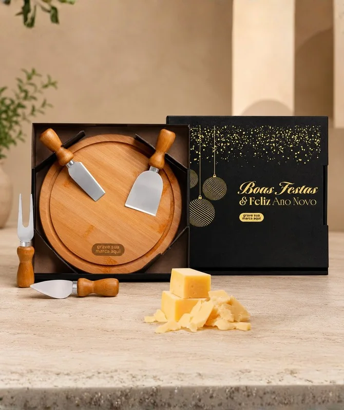 Kit Sabores — Caixa presenteável, tábua redonda em bambu, duas facas, espátula e garfo para queijos
