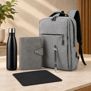 Kit Primeiro Passo — Sacola TNT, moleskine, caneta e calendário de mesa