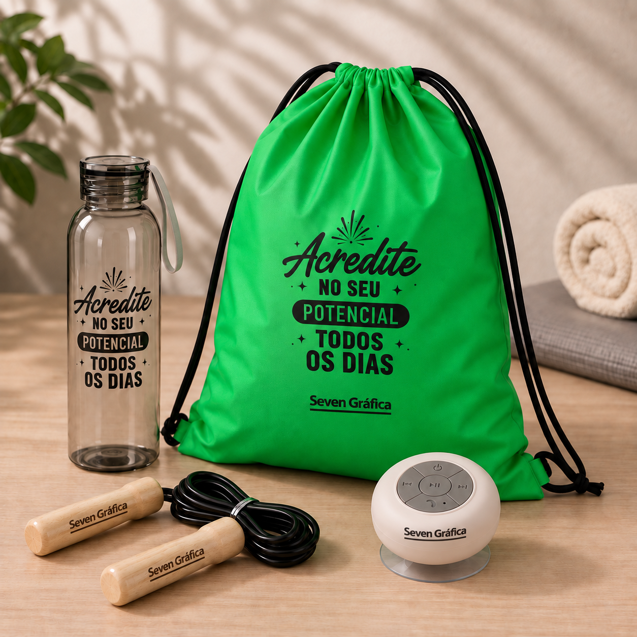 Kit Impulso — Sacochila, garrafa plástica de 500 ml, corda para pular e caixa de som com ventosa