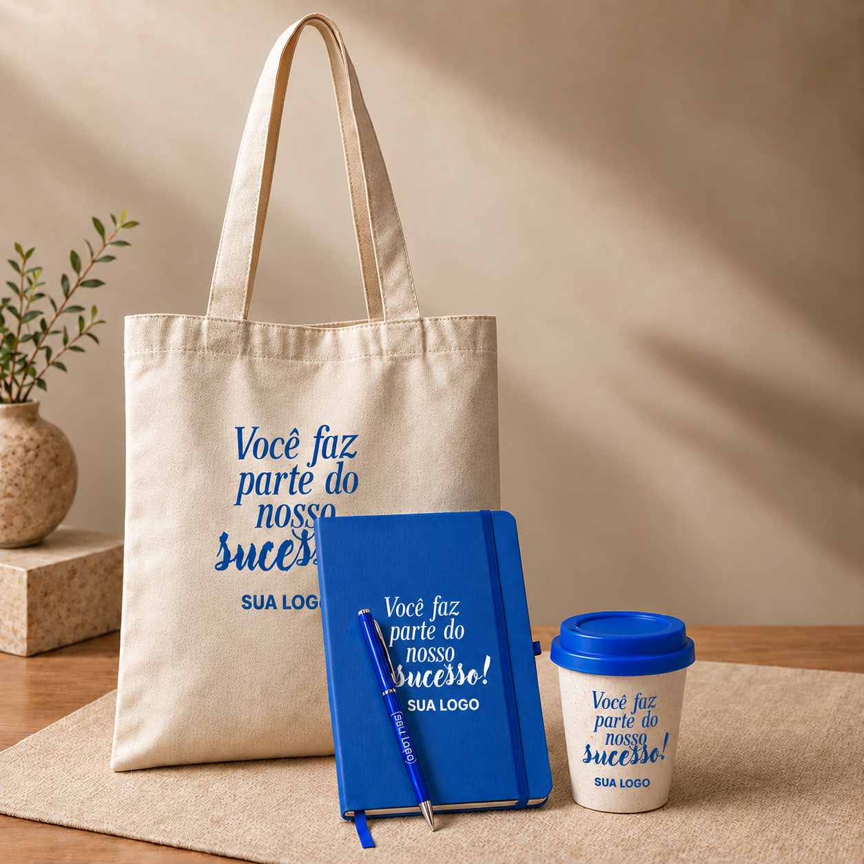 Kit Presença — Ecobag, moleskine, caneta metal e copo bucks
