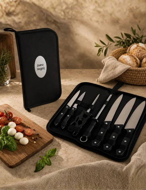 Kit Boa Companhia — Faca de 6 polegadas e garfo em inox, com cabos em madeira e embalagem com visor