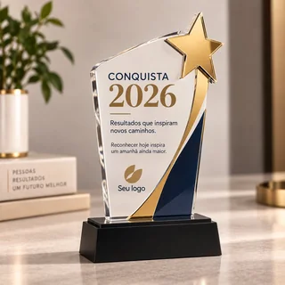 Troféu Conquista — Troféu em MDF, com impressão UV e estrela dourada.