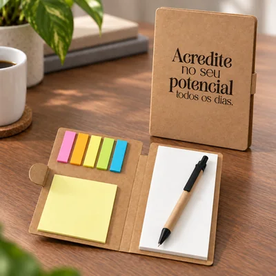 Bloco de Anotações Post It — Bloco ecológico em kraft, com folhas para anotações e adesivos coloridos.