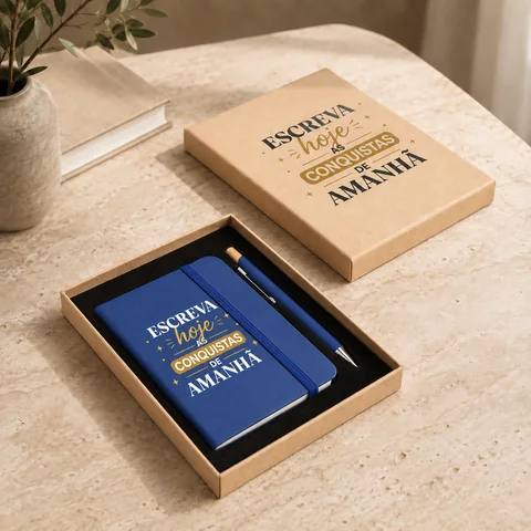 Kit Essência Executiva — Caixa cartonada 14 × 20 cm, moleskine e caneta metal