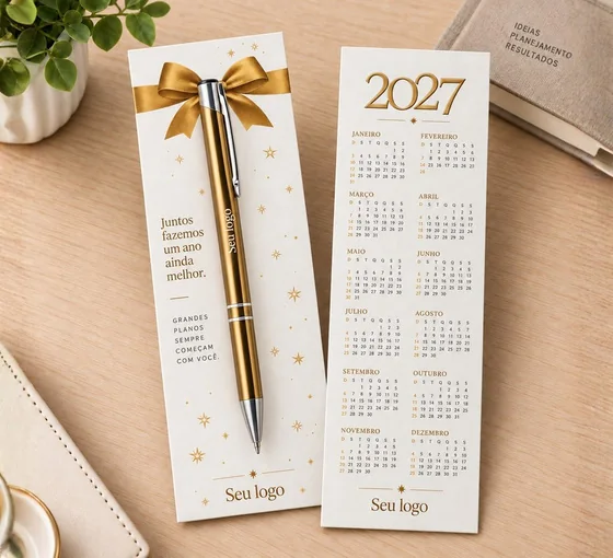 Calendário Presença + Caneta — Calendário dupla-face, caneta metálica personalizada e embalagem individual.